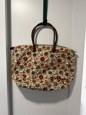 Longaberger Floral Canvas Tote in Cream, Red, Green, Teal with Brown Handles